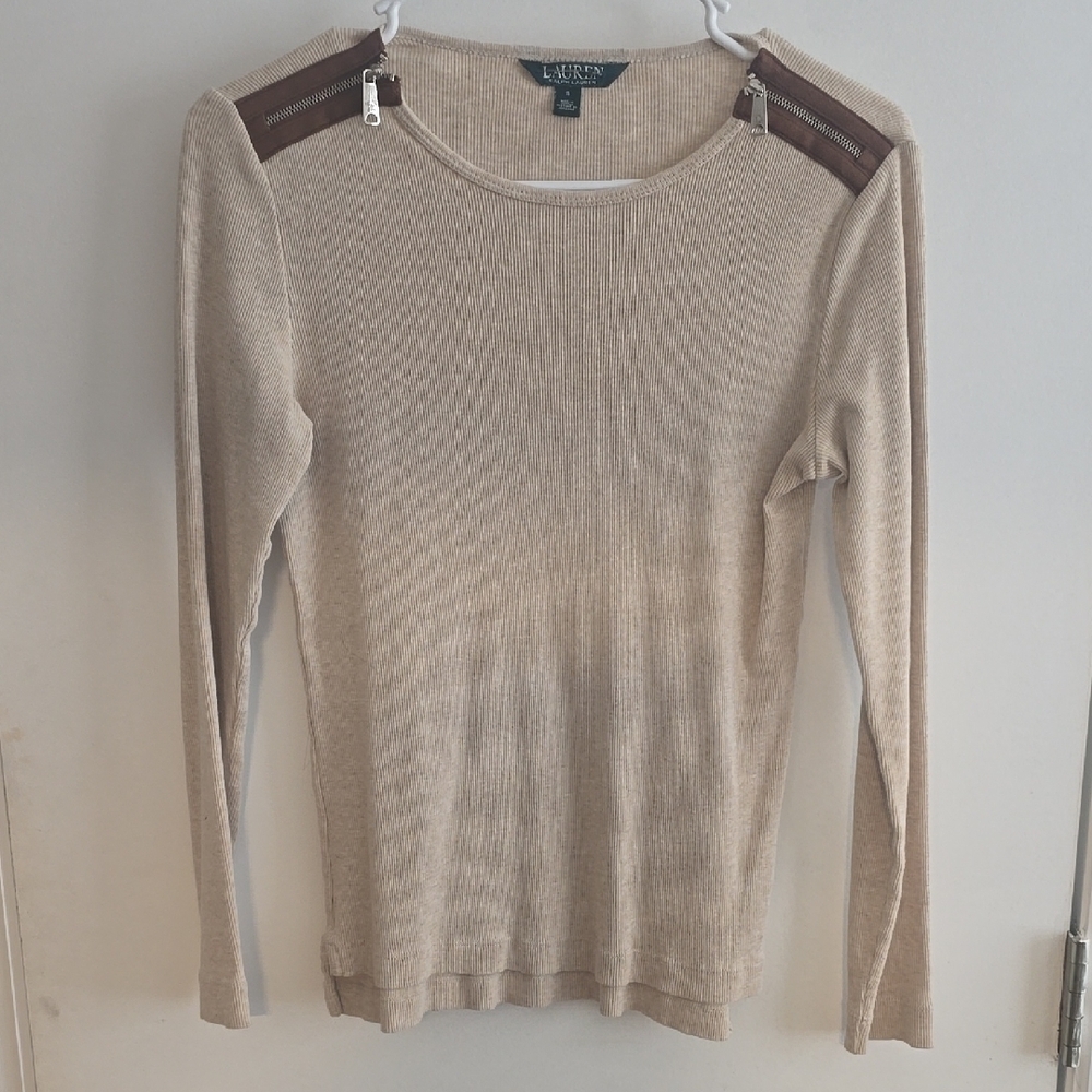 Lauren Ralph Lauren Cream Long Sleeve Tee with Crew Neck and Fine-Knit Texture